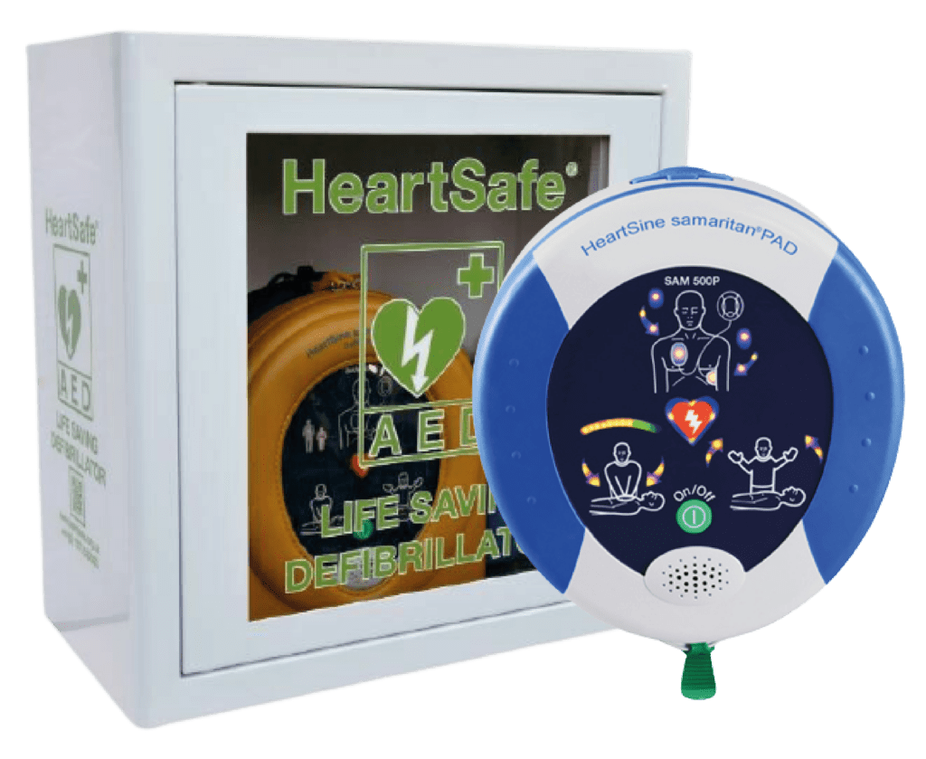 An image of a heartsine defibrillator and heartsafe internal defibrillator cabinet displayed next to each other