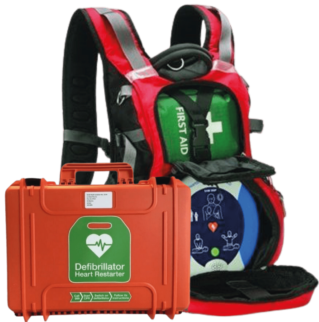 An image of a heartsine defibrillator inside heartsafe portable rucksack displayed next to a HeartSafe hard case portable defibrillator